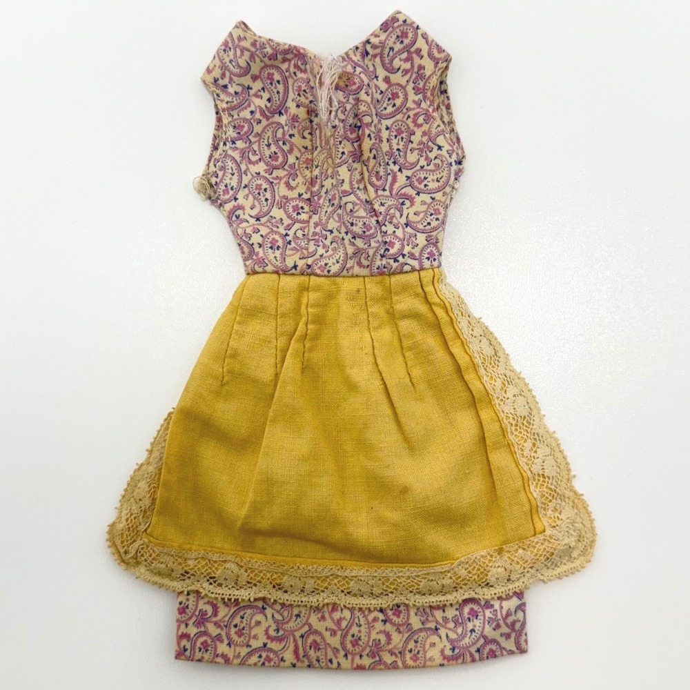 Vintage Handmade Barbie‑Size Paisley Dress Yellow Apron Lace Trim Cottagecore